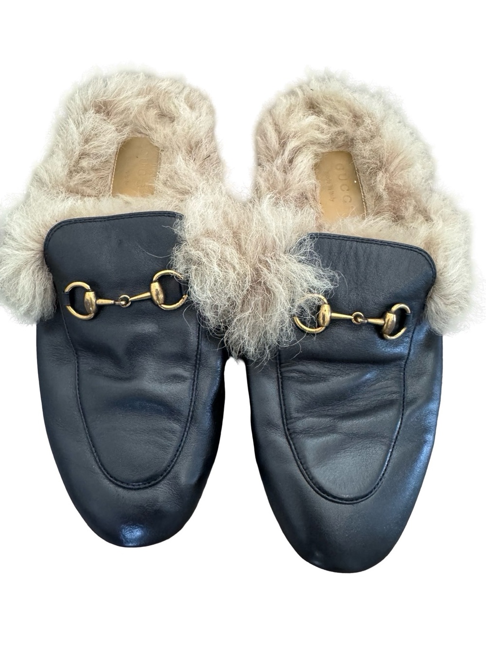 Gucci Black Leather Fur-Lined Horsebit Mules Size 41